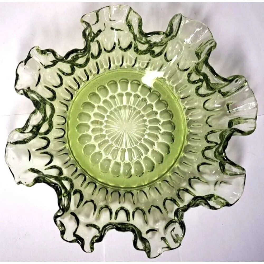 Vintage Fenton Colonial Green Ruffle Edge Thumbprint Pattern Glass Bowl